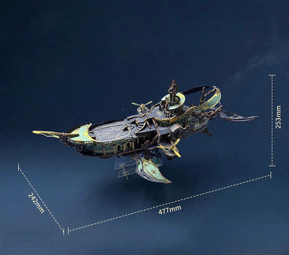3d wooden ship puzzle size guide showing the 477 by 253 by 242 mm assembled model for shelf planning, Blue, Gold