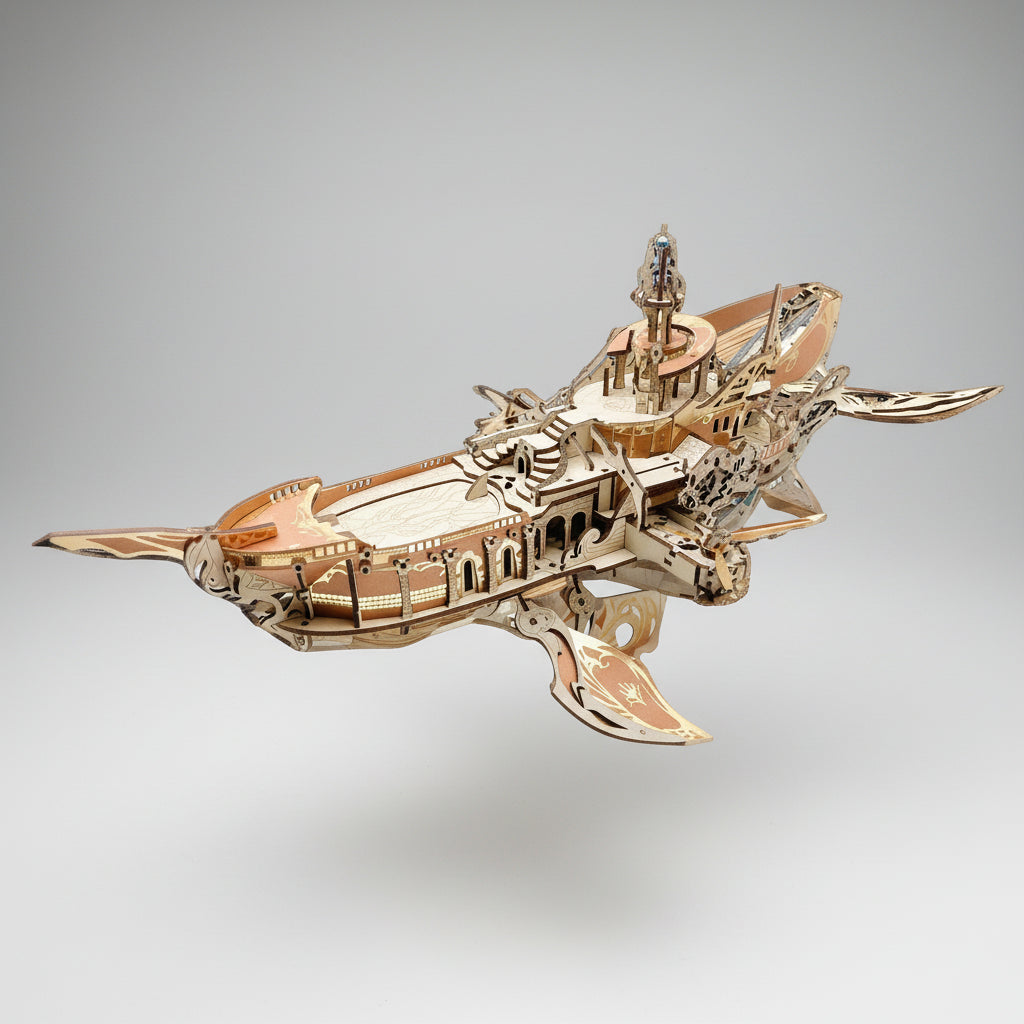 472 piece wooden flying ship model kit in a warm metallic finish for a living room or office display, Gold