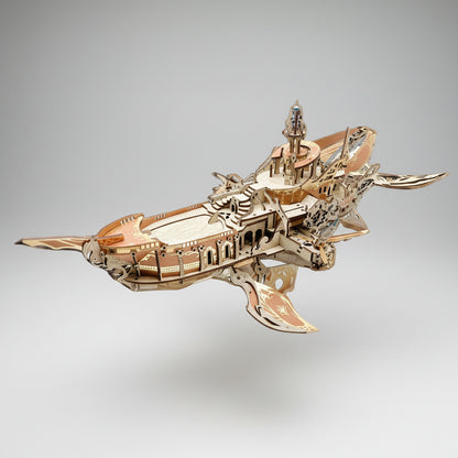 472 piece wooden flying ship model kit in a warm metallic finish for a living room or office display, Gold