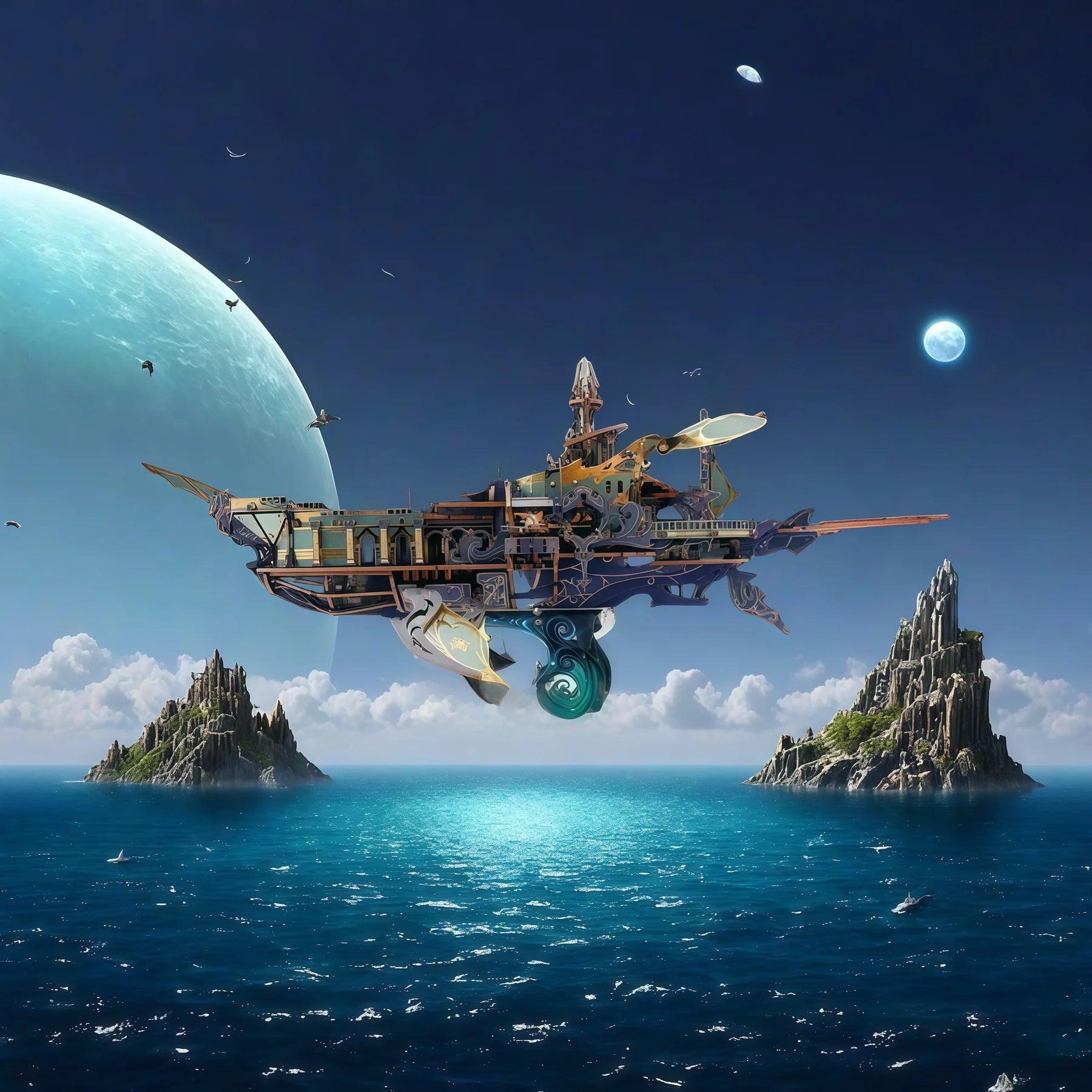 steampunk airship wooden model kit staged over an ocean scene as fantasy room decor for collectors, Blue