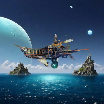 steampunk airship wooden model kit staged over an ocean scene as fantasy room decor for collectors, Blue