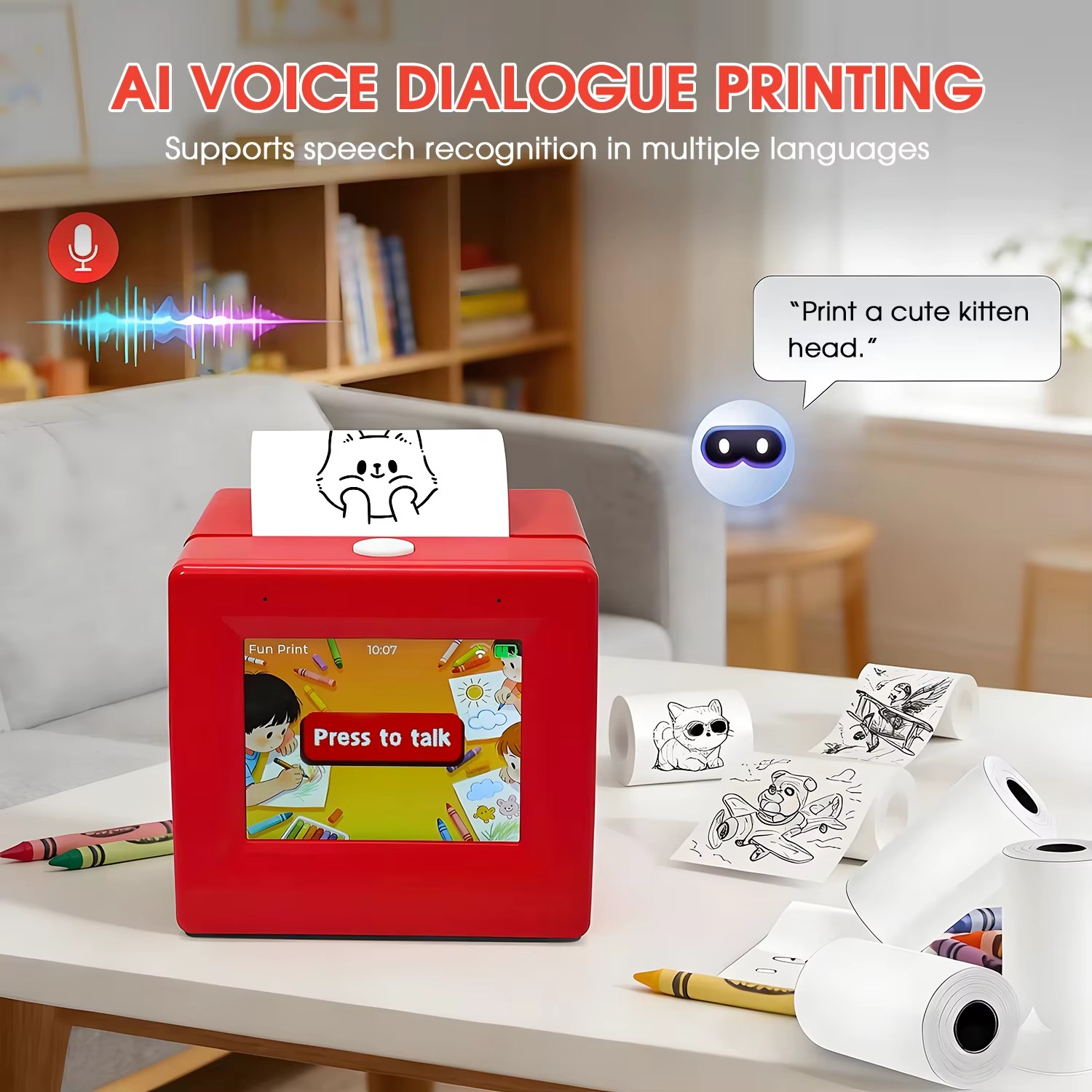 AI voice dialogue printing multilingual mini thermal sticker printer with HD screen for kids creators voice activated