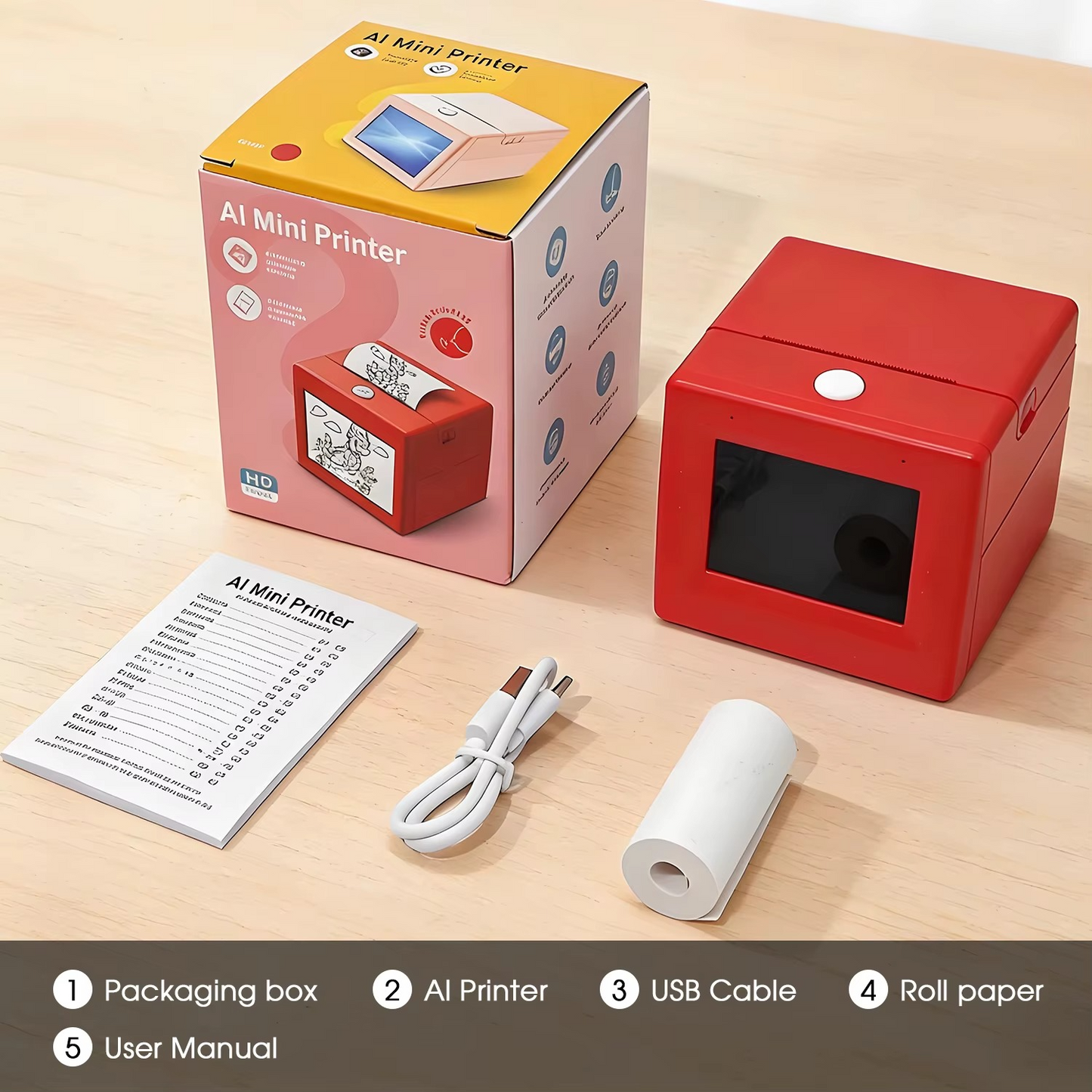 AI mini sticker printer box contents thermal printer USB-C cable thermal paper roll user manual gift box packaging red