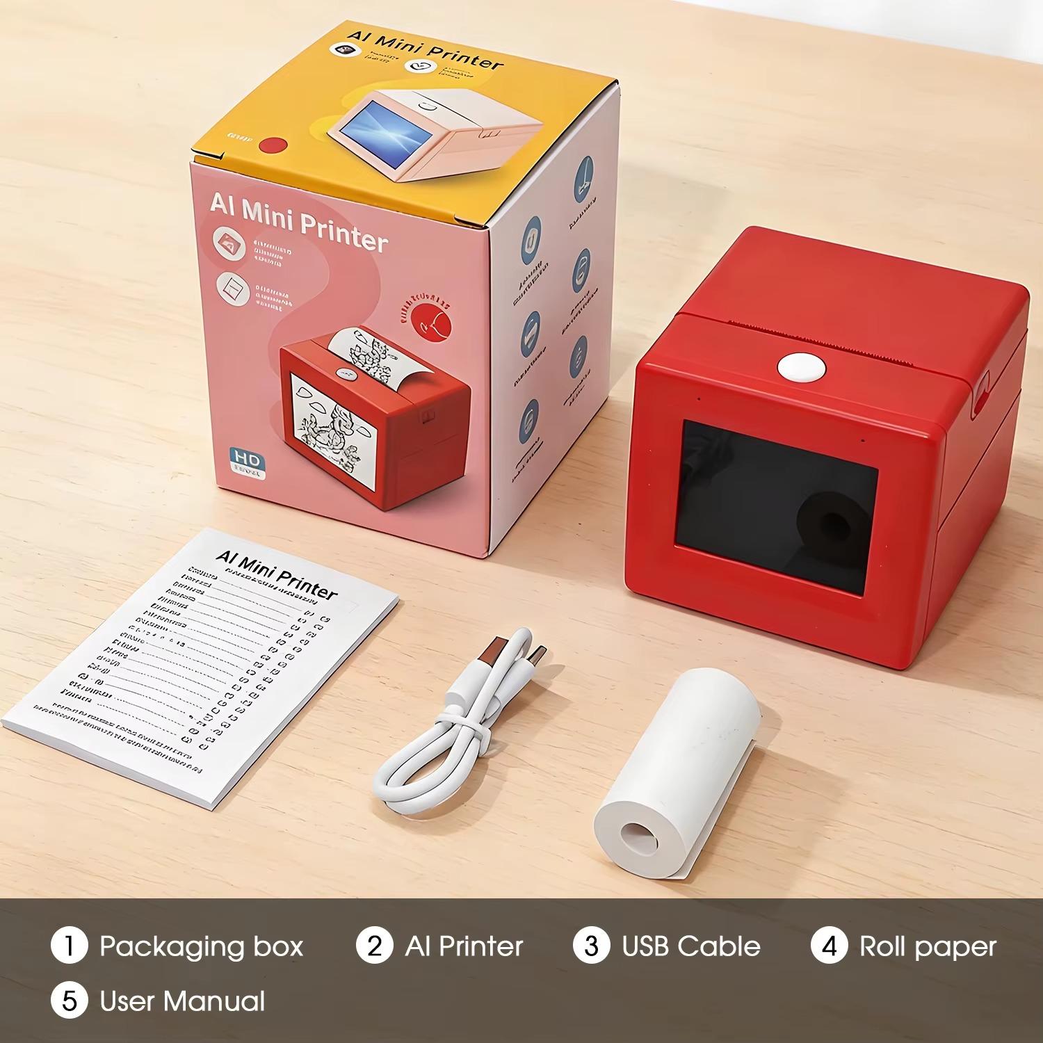 AI mini sticker printer box contents thermal printer USB-C cable thermal paper roll user manual gift box packaging red