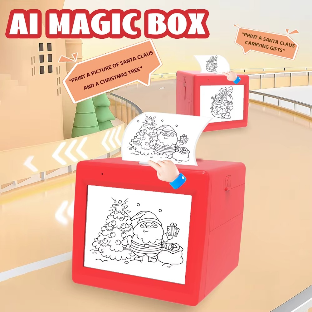 AI magic box Christmas sticker printer voice activated holiday gift kids Santa Claus tree thermal sticker maker red present
