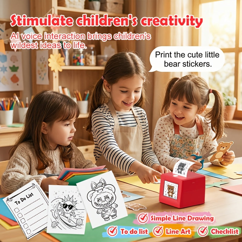 AI sticker printer for kids creativity drawing crafts thermal sticker maker bedroom desk voice prompted designs gift