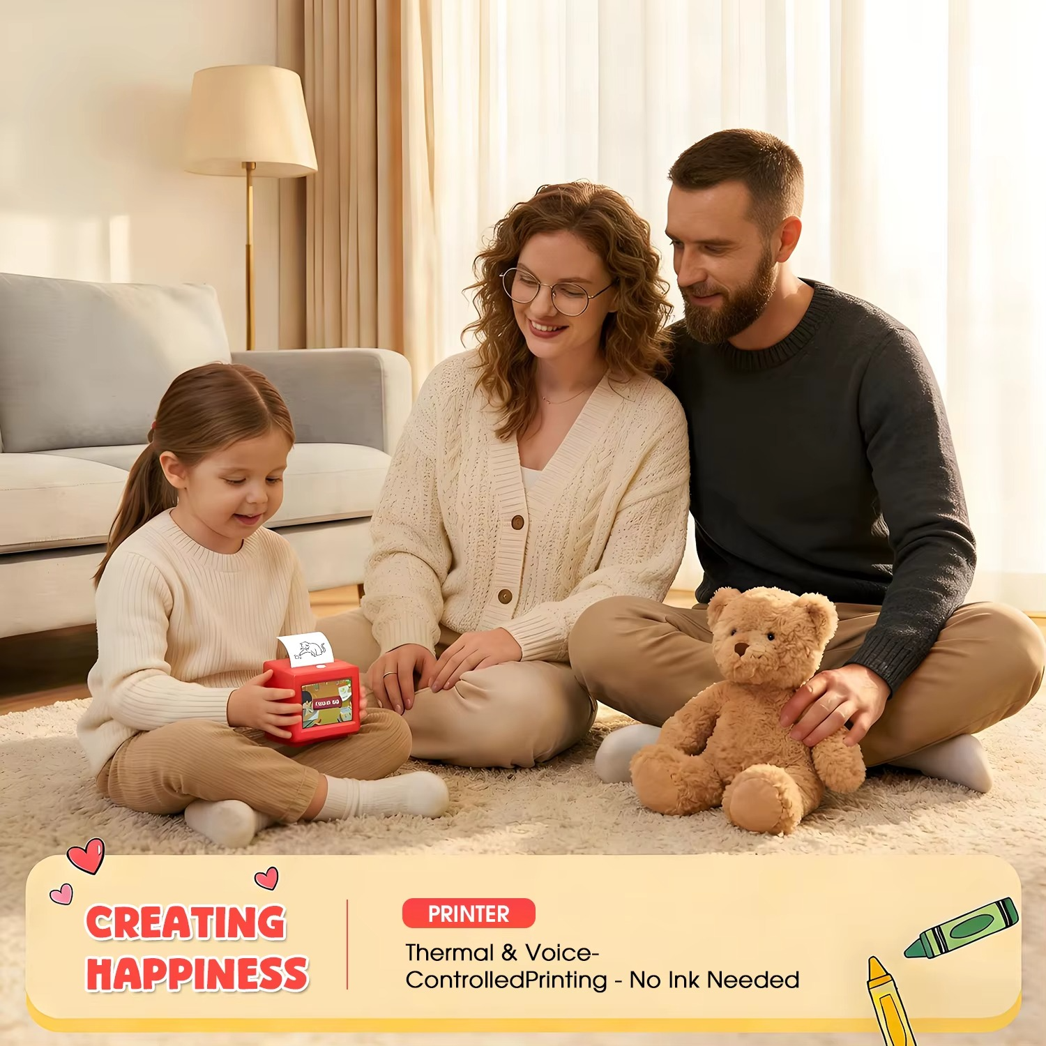 creating happiness AI voice sticker printer family thermal printing no ink needed kids parents living room creative play