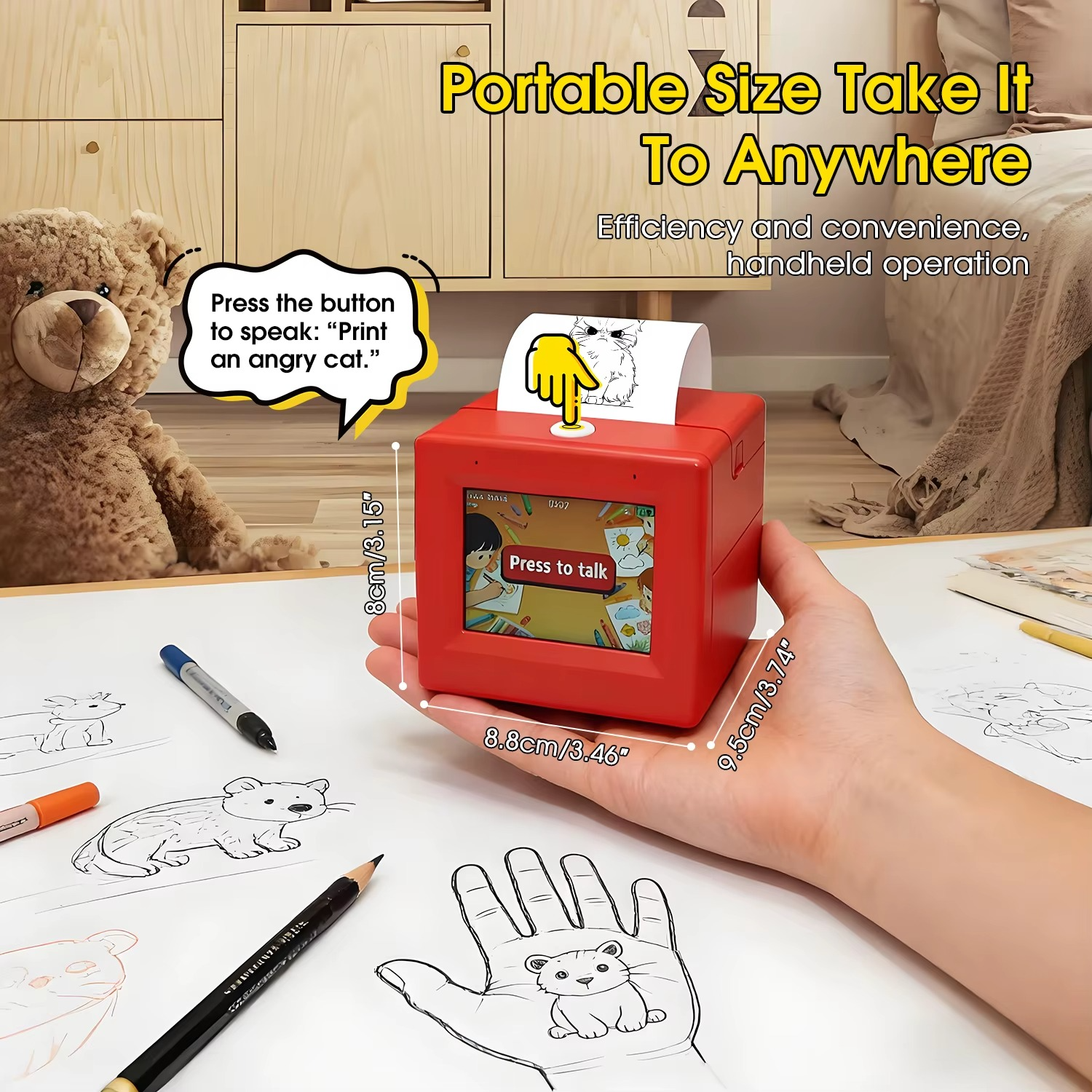 portable AI sticker printer compact handheld 94 81 89 mm thermal printer dimensions size pocket backpack desk gadget kids
