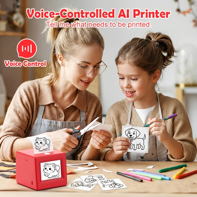 voice controlled AI sticker printer mom and child speaking command thermal sticker maker for kids creative play home