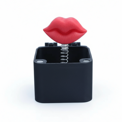 Black rectangular container with red lips on a white background