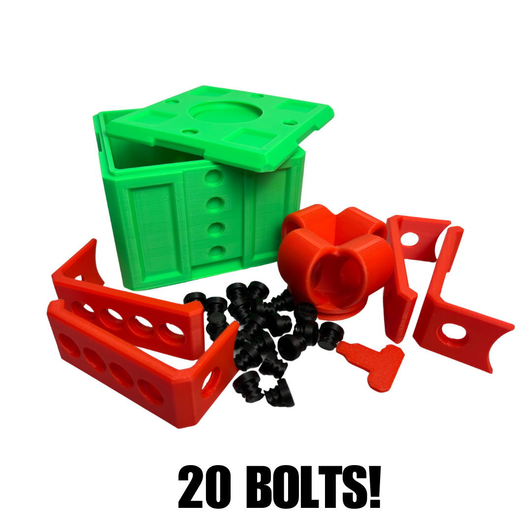 Green and red plastic frames with black bolts on a white background