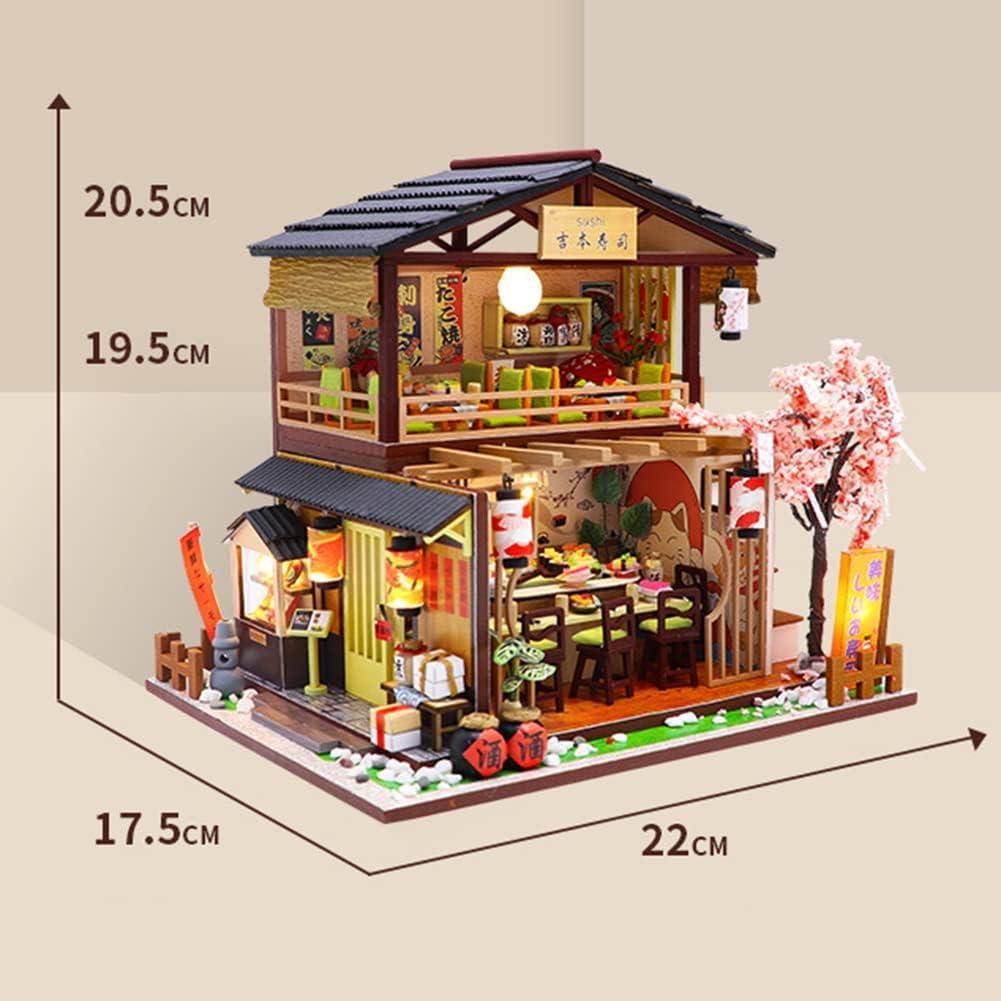 sushi haven miniature restaurant kit size guide 22 by 17.5 by 20.5 cm wood build with led lighting and music box