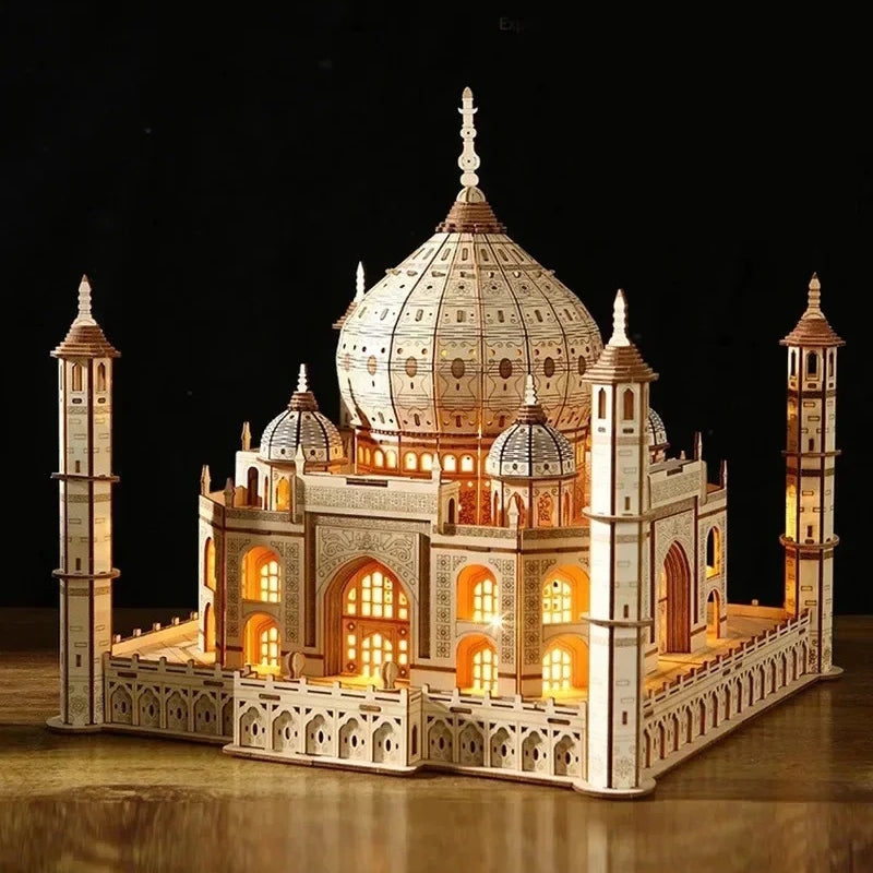 taj mahal 3d wooden puzzle with led lights basswood diy architecture model kit for adults teens and hobby builders