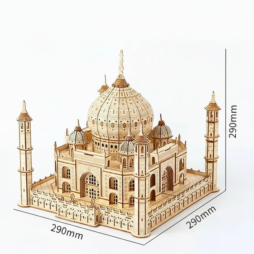 tool free wooden taj mahal model with warm led light shining through arches for bedroom ambient decor