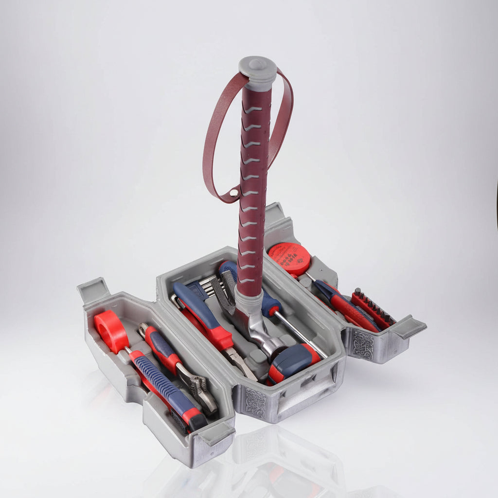 Thor hammer tool kit standing open to reveal screwdrivers and pliers inside, mjolnir tool box display piece for desk or shelf