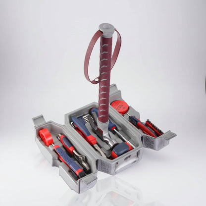 Thor hammer tool kit standing open to reveal screwdrivers and pliers inside, mjolnir tool box display piece for desk or shelf