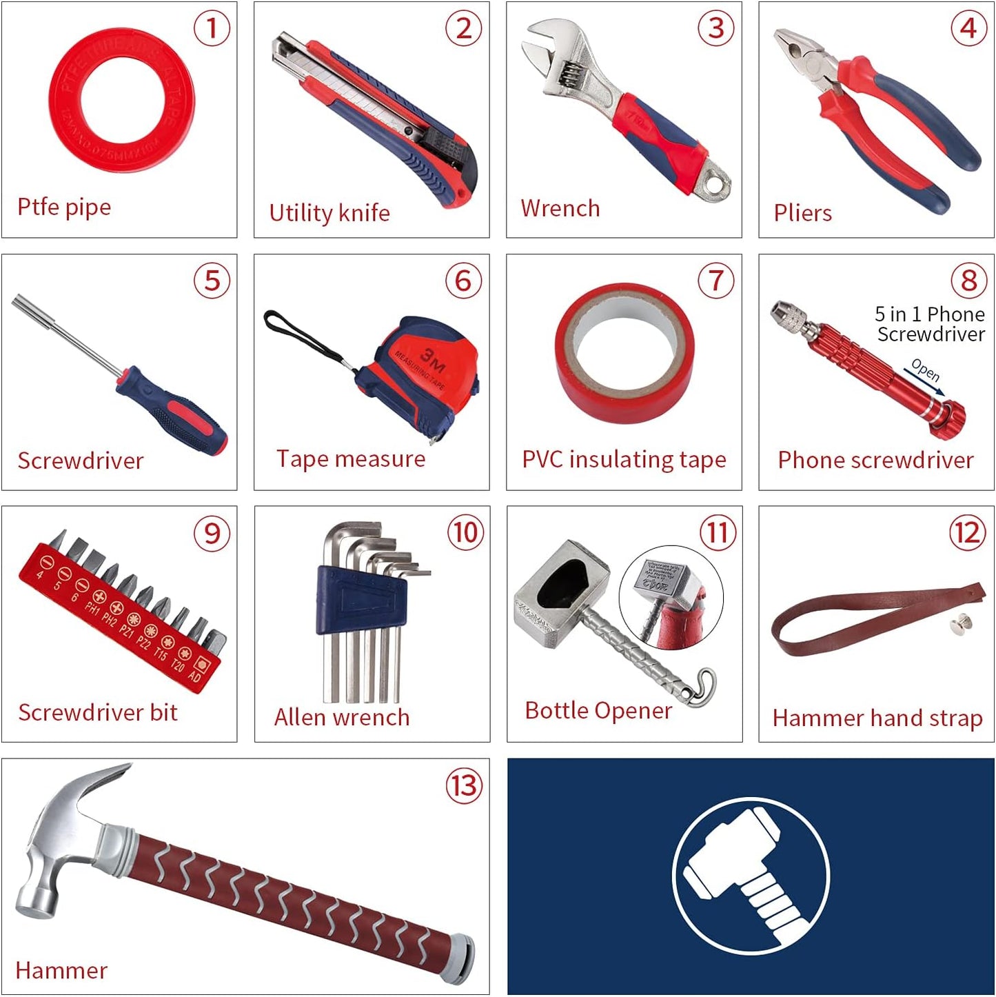 Thor hammer tool set contents with hammer, adjustable wrench, pliers, utility knife, tape measure, hex keys and bits for DIY
