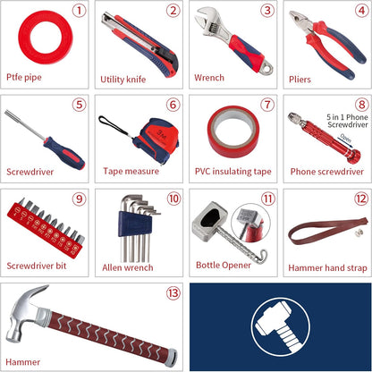 Thor hammer tool set contents with hammer, adjustable wrench, pliers, utility knife, tape measure, hex keys and bits for DIY