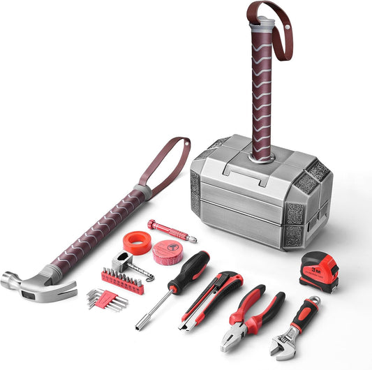 Thor hammer toolbox with full hand tool set laid out, claw hammer, pliers, wrench, screwdrivers and tape measure for home repair