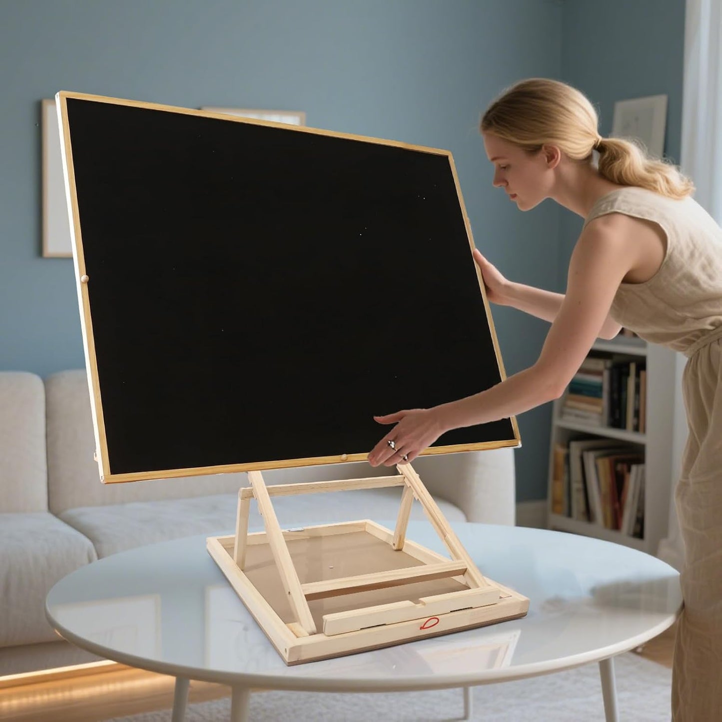 adjustable tilting puzzle table set to an ergonomic angle for assembling large jigsaw puzzles without back strain