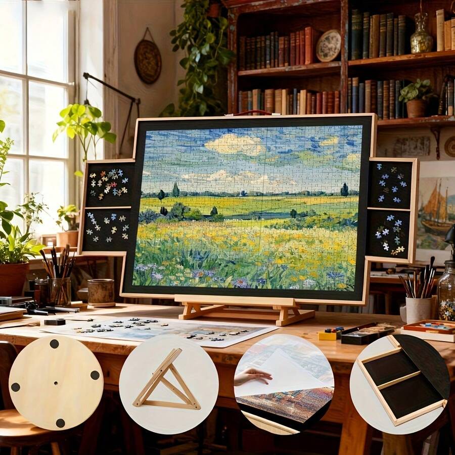 Tilting puzzle table in artist studio setting with sorted piece drawers and ergonomic adjustable angle