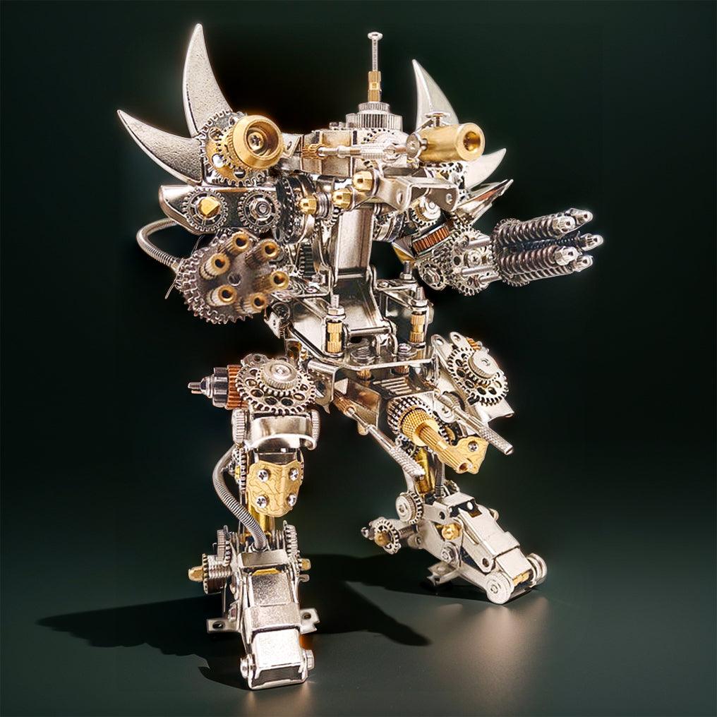 diy metal robot model kit front build showing curved horn blades gear work and a jointed torso, Without  Watch