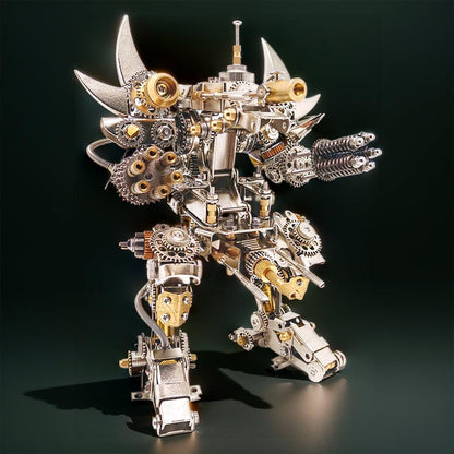 diy metal robot model kit front build showing curved horn blades gear work and a jointed torso, Without  Watch