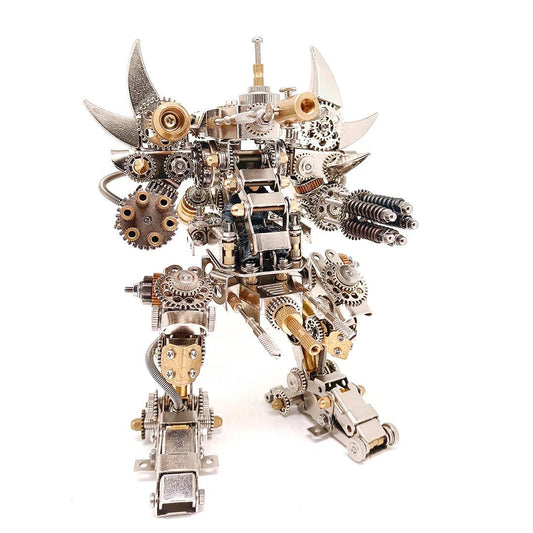 mecha watch stand metal model kit assembled robot sculpture with horned head and armoured legs, Without  Watch, With Watch