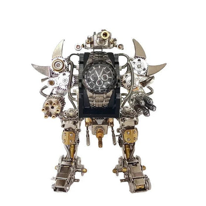 robot watch stand model kit front view with a timepiece mounted between the shoulder armour panels, With Watch
