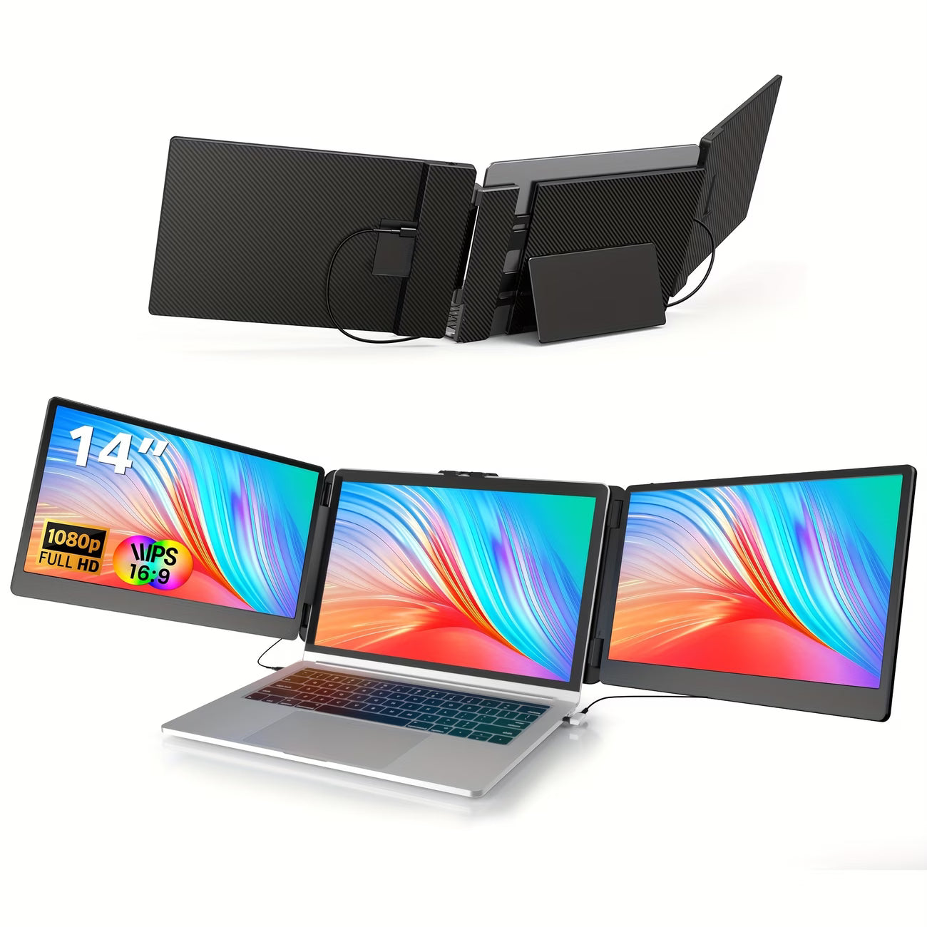 triple screen laptop monitor extender with dual 14 inch fhd 1080p ips panels for portable workstation setup