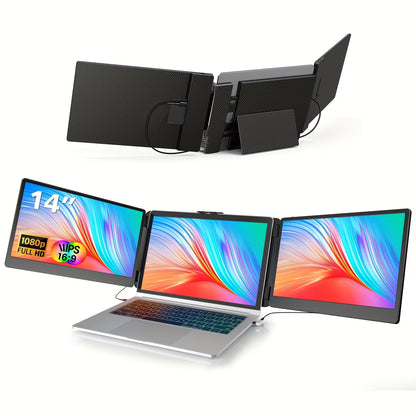 triple screen laptop monitor extender with dual 14 inch fhd 1080p ips panels for portable workstation setup