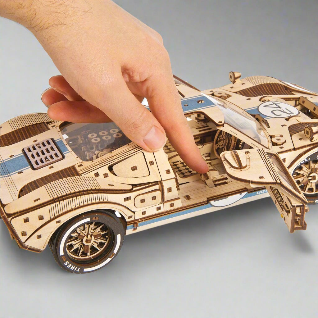 endurance racing model car rear and engine cover detail, plywood scale model for a collectors display shelf