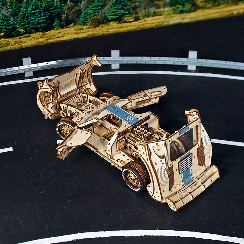 3d mechanical puzzle car kit with interlocking wooden joints, glue free build for teens aged 14 and up