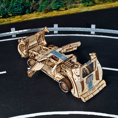 3d mechanical puzzle car kit with interlocking wooden joints, glue free build for teens aged 14 and up