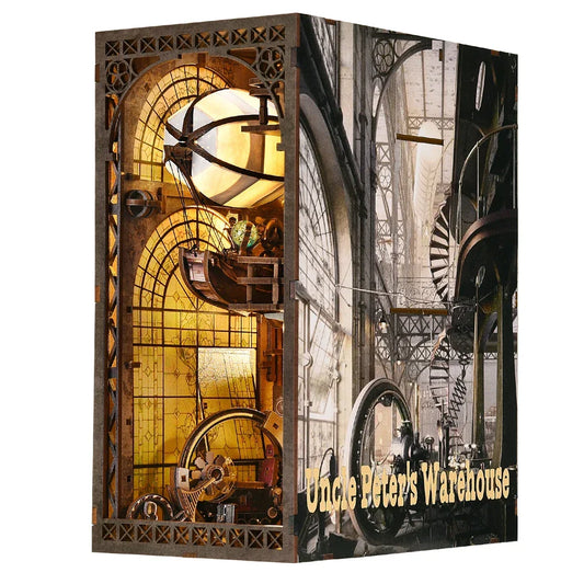 uncle peters warehouse book nook kit steampunk diy miniature bookshelf insert with led lighting