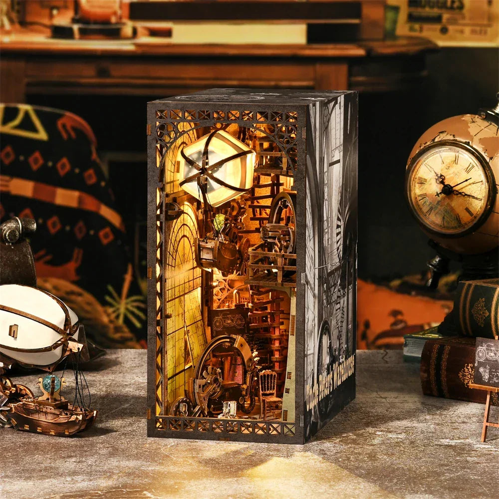 steampunk book nook kit wooden diorama for bookshelf decor and reading corner display in a home library
