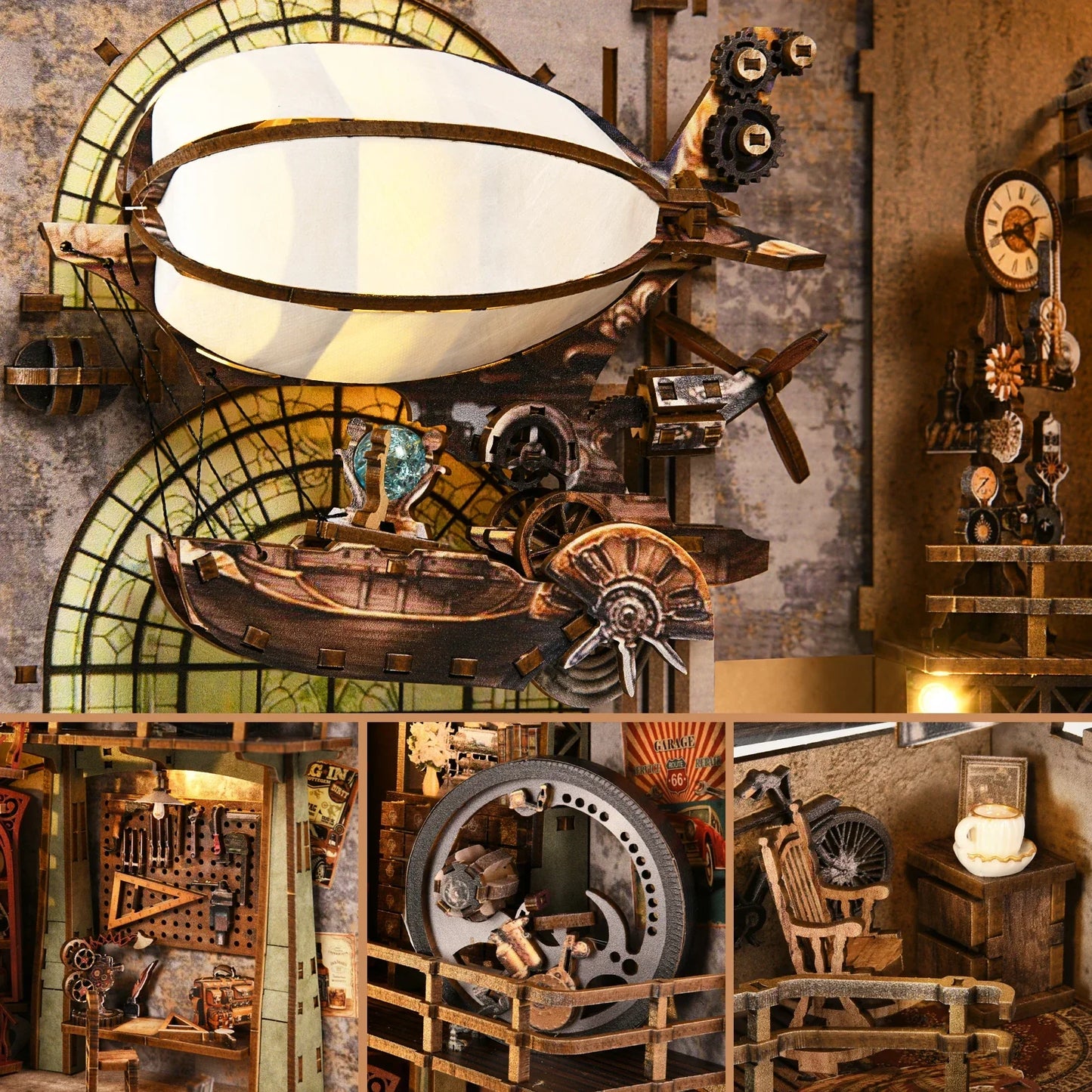 steampunk miniature room with airship clock and gears as victorian industrial bookcase decor