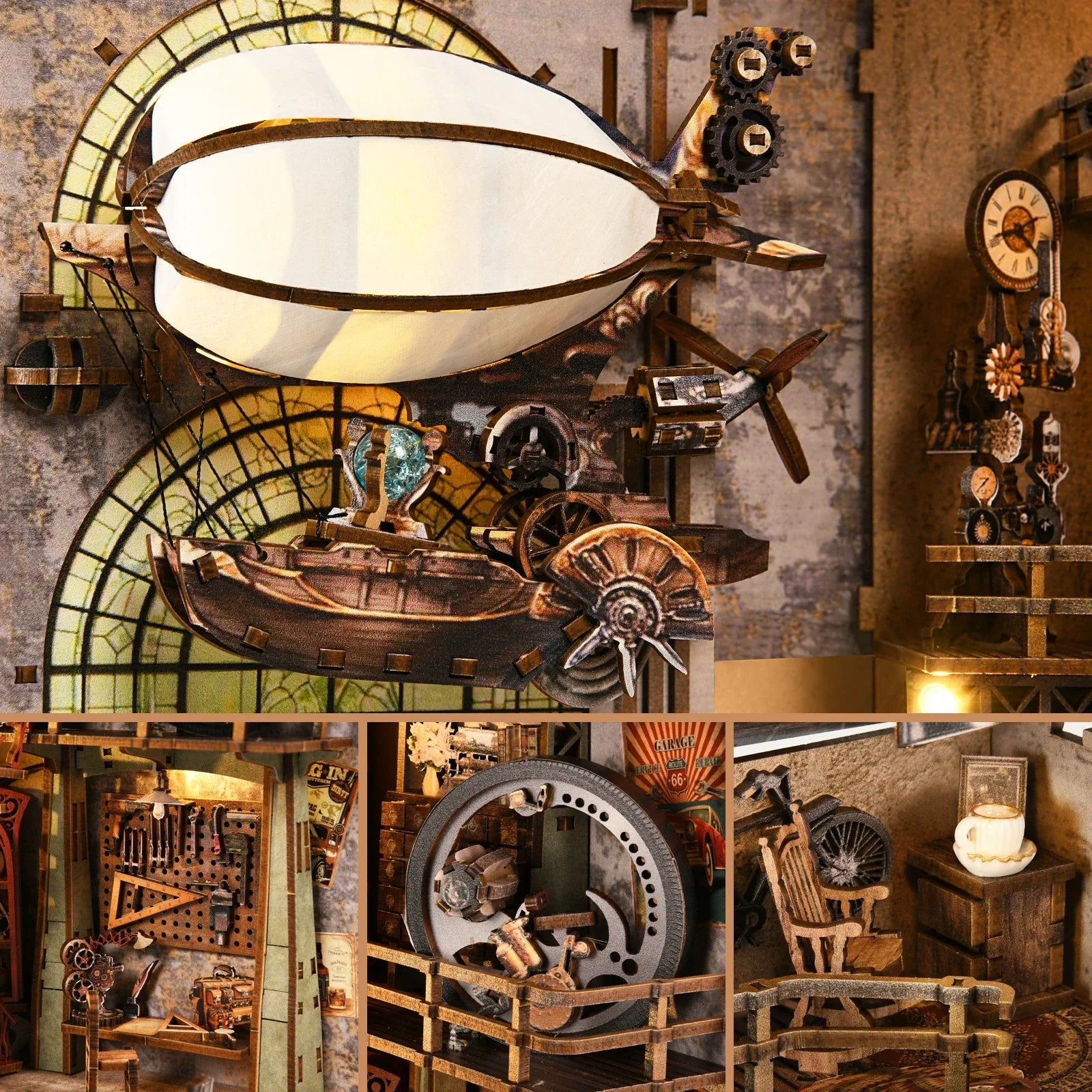 steampunk miniature room with airship clock and gears as victorian industrial bookcase decor