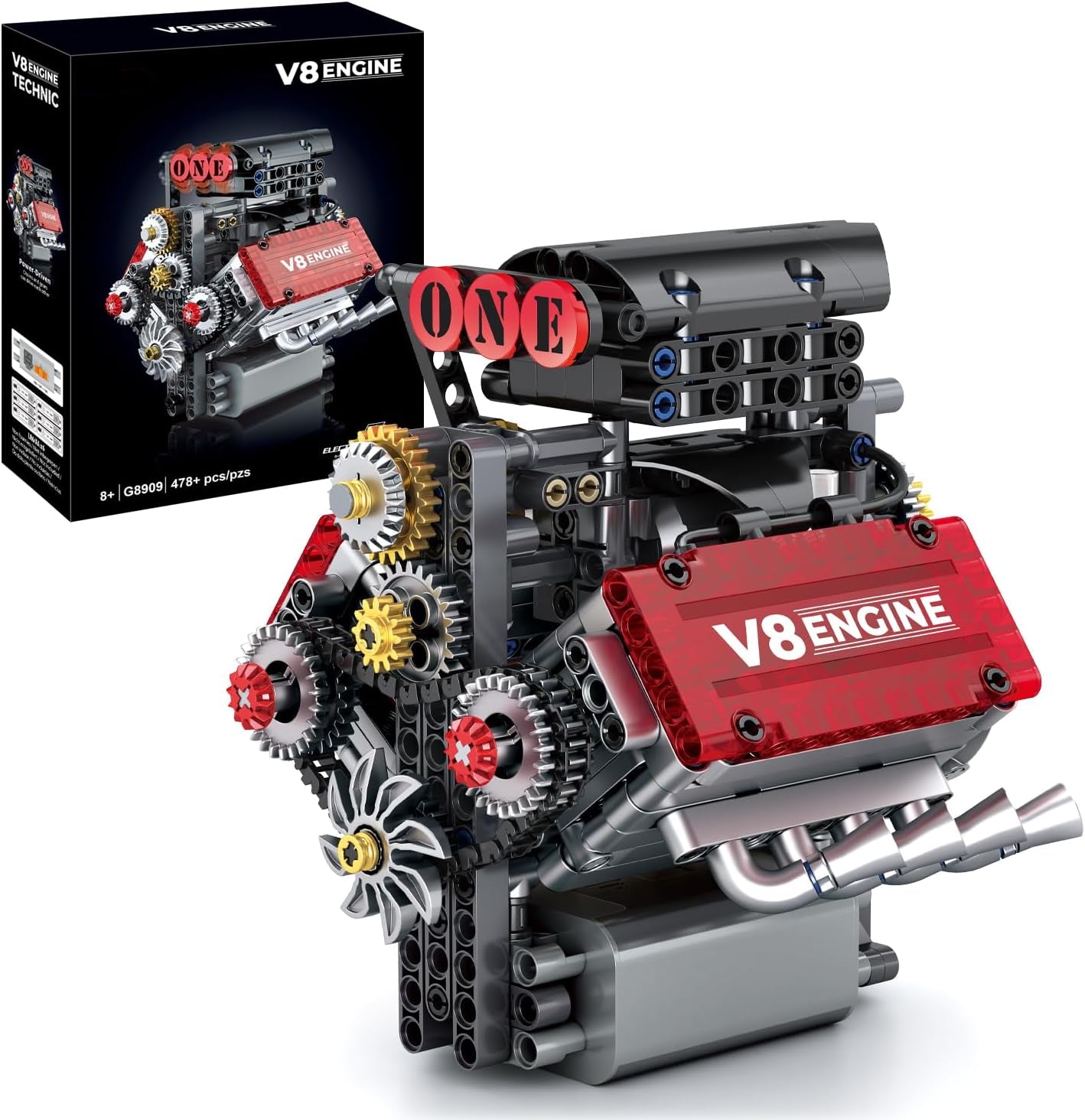 motorized mini v8 engine model kit with 478 building blocks, buildable v8 engine set and STEM gift for car enthusiasts