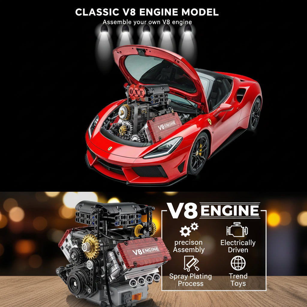 classic v8 car engine model kit you assemble yourself, motorized building block engine gift for boys teens and hobbyists