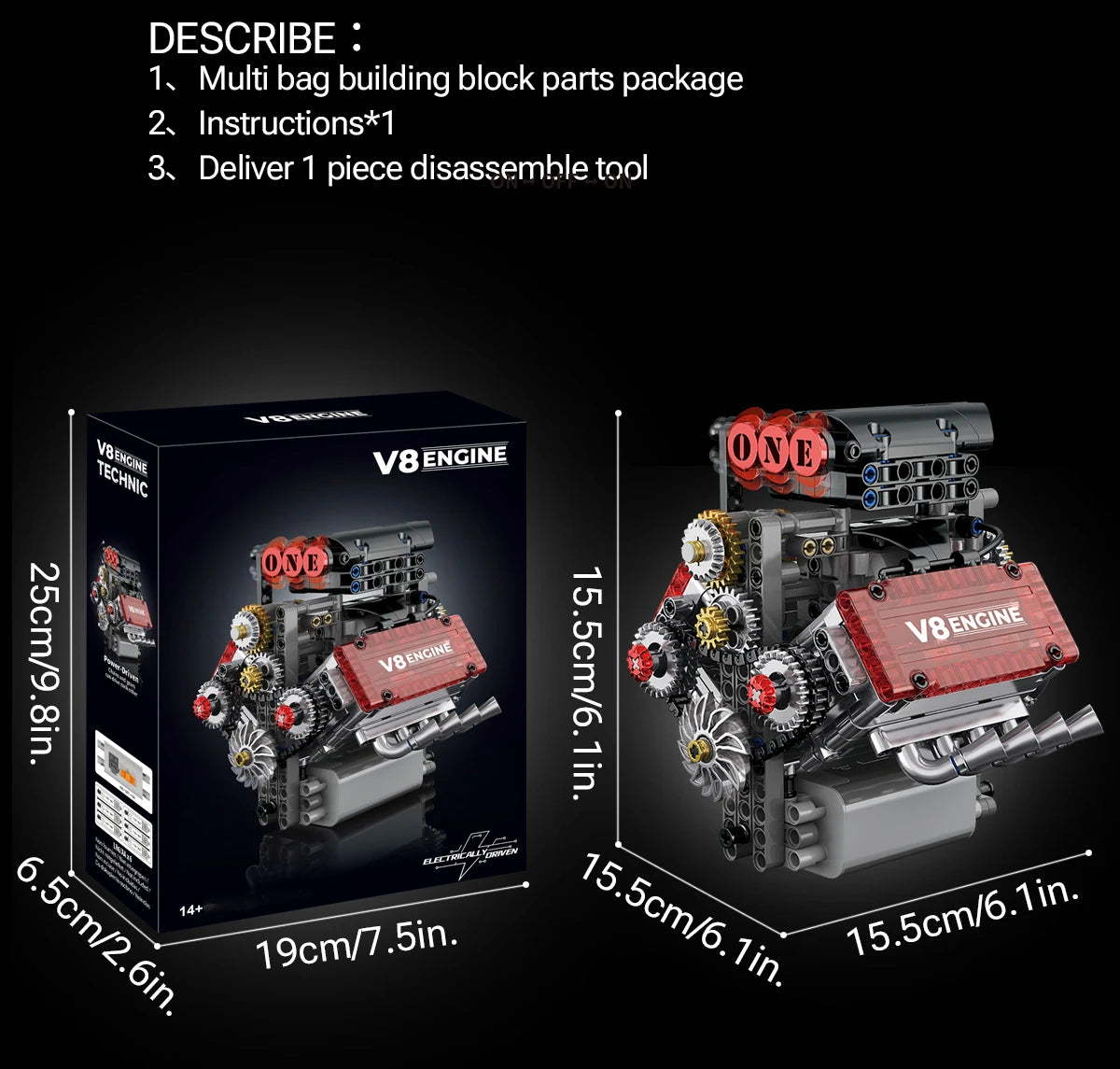 v8 engine model building kit with illustrated instructions and brick tool, 478 piece motorized STEM engine gift set