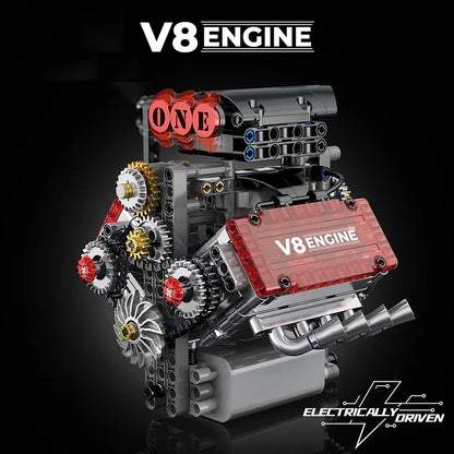 buildable v8 engine model that runs on an electric motor, brick built engine for desk display and mechanical model fans