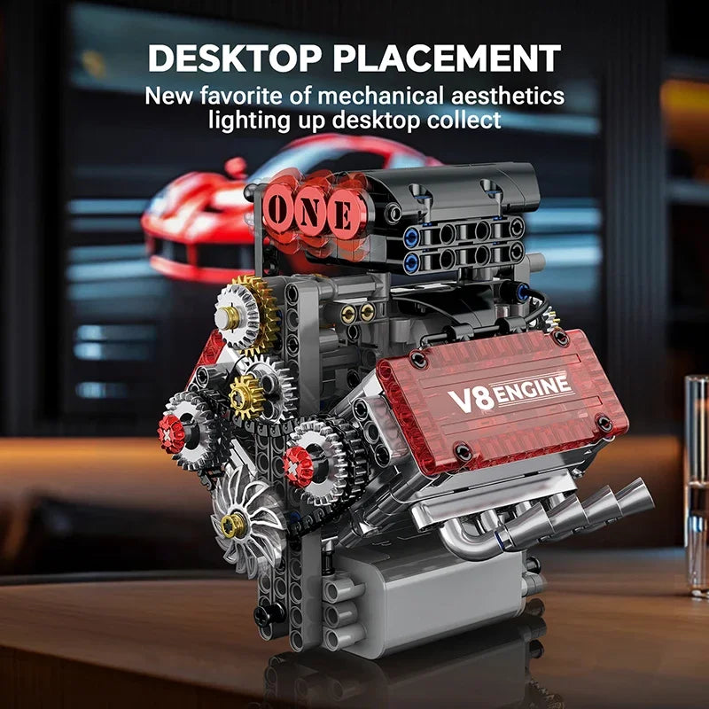 assembled v8 engine model as desktop decor, motorized building block engine display piece for office shelf or garage