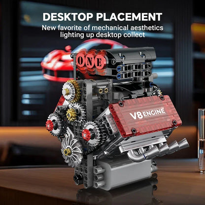 assembled v8 engine model as desktop decor, motorized building block engine display piece for office shelf or garage