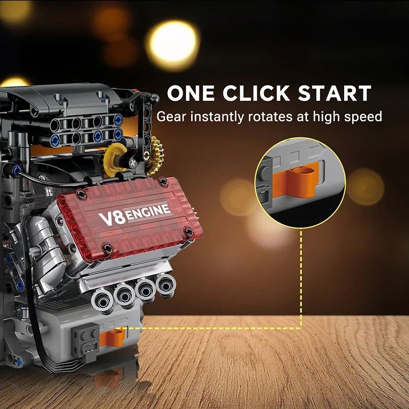 motorized v8 engine kit with one click start, gears and pistons spin at high speed in this working brick engine model