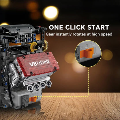 motorized v8 engine kit with one click start, gears and pistons spin at high speed in this working brick engine model