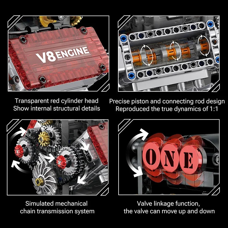 working v8 model engine with moving pistons, valve train and chain transmission under a transparent red cylinder head