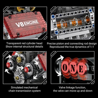 working v8 model engine with moving pistons, valve train and chain transmission under a transparent red cylinder head