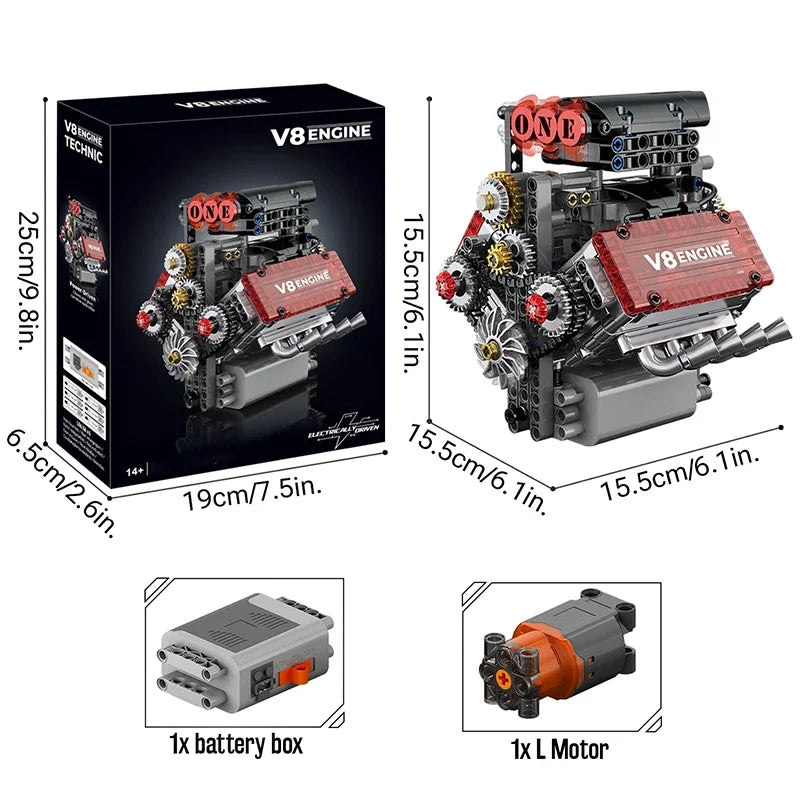 compact 478 piece v8 engine model kit around 15 cm, motorized brick engine that runs for desk and shelf display