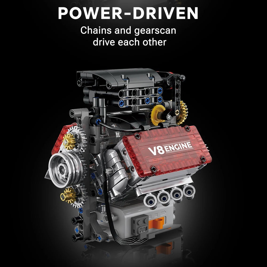 8 cylinder v8 engine building kit, motorized mechanical model with chain driven gears for engineering and model fans